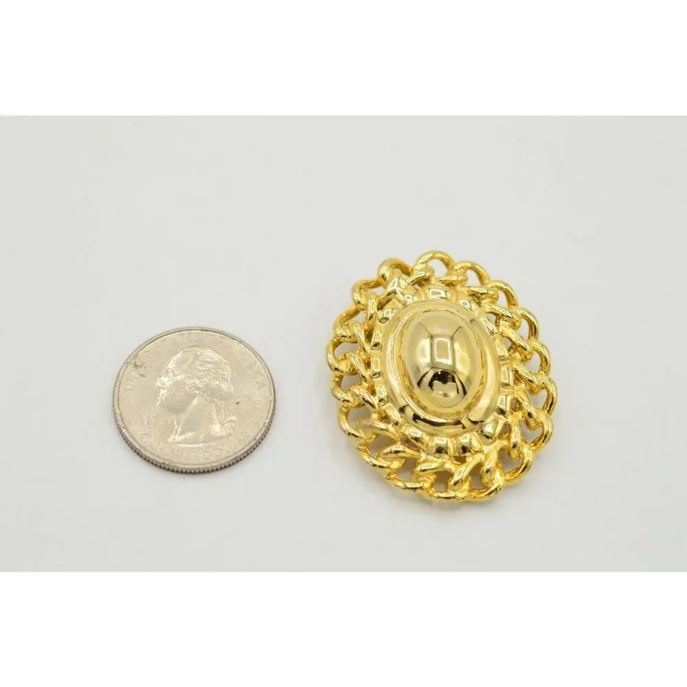 Vintage Oval Pin Brooch Yellow Gold Tone Linked Chain Statement NOS 1980s BinV